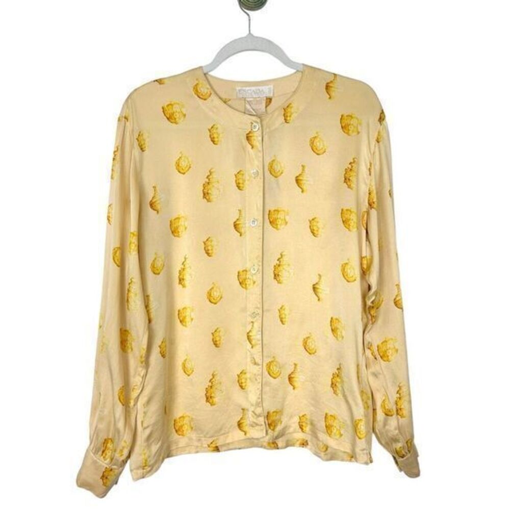 Escada Silk Blouse Womens Large Yellow Gold Baroque Print Button Down Top -Flaw